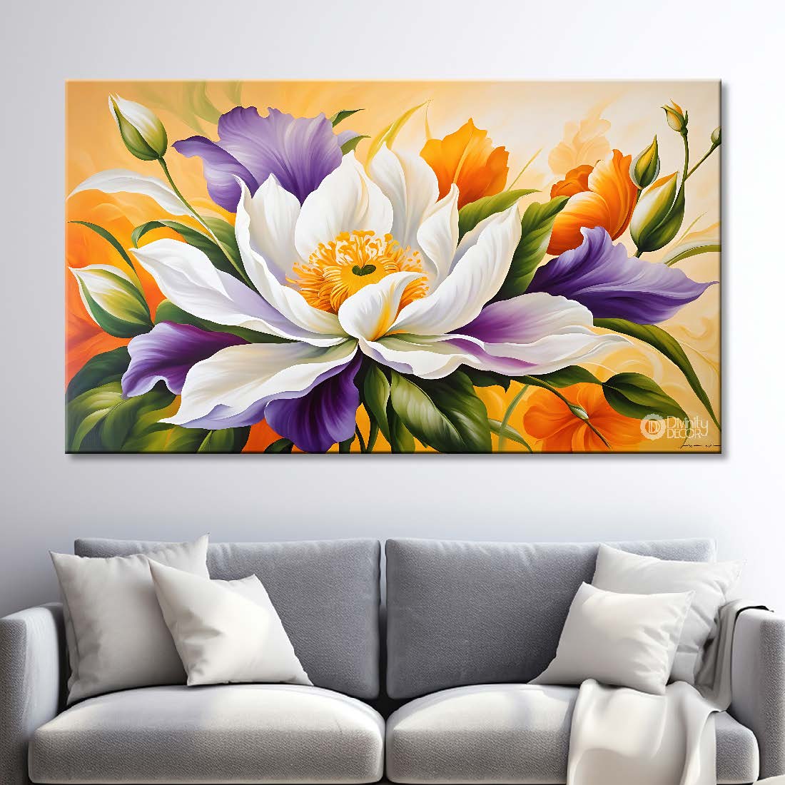 White flowers in yellow background canvas painting- Flower-828