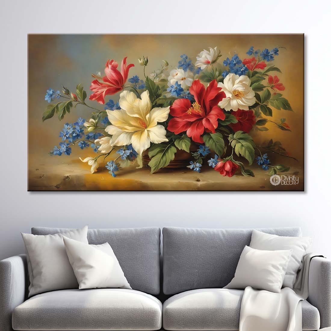 Colorful flowers in light brown background canvas painting- Flower-829