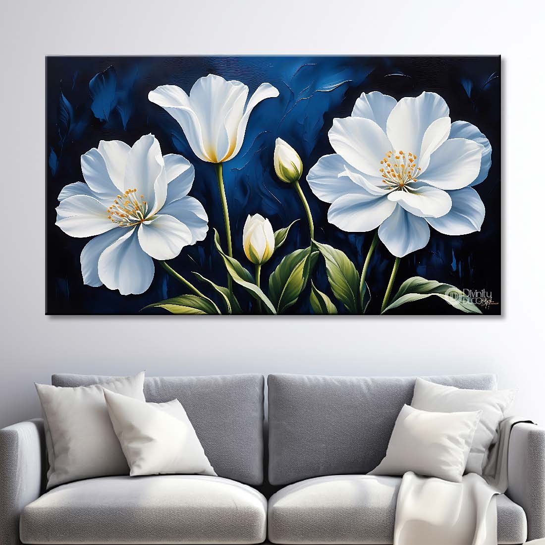 White flowers in navy blue background canvas painting- Flower-830