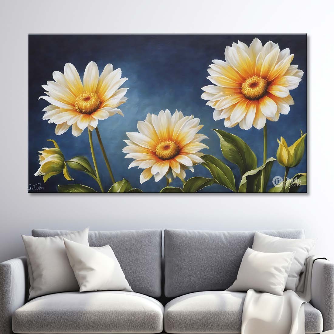 White flowers in navy blue background canvas painting- Flower-831