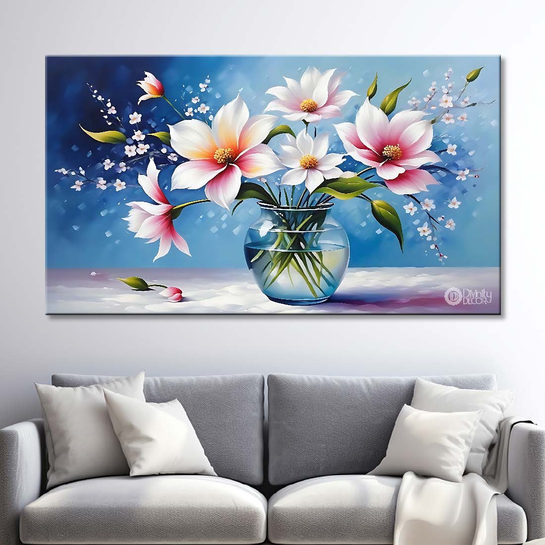 Pink flowers in light blue background canvas painting- Flower-832