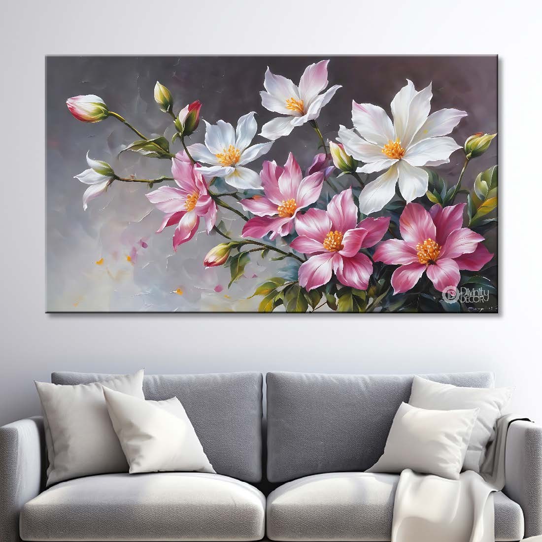 Pink and white flowers in light grey background canvas painting- Flower-833