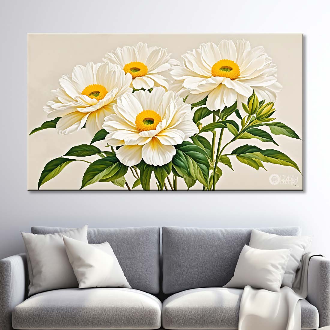 White flowers in white background canvas painting- Flower-835
