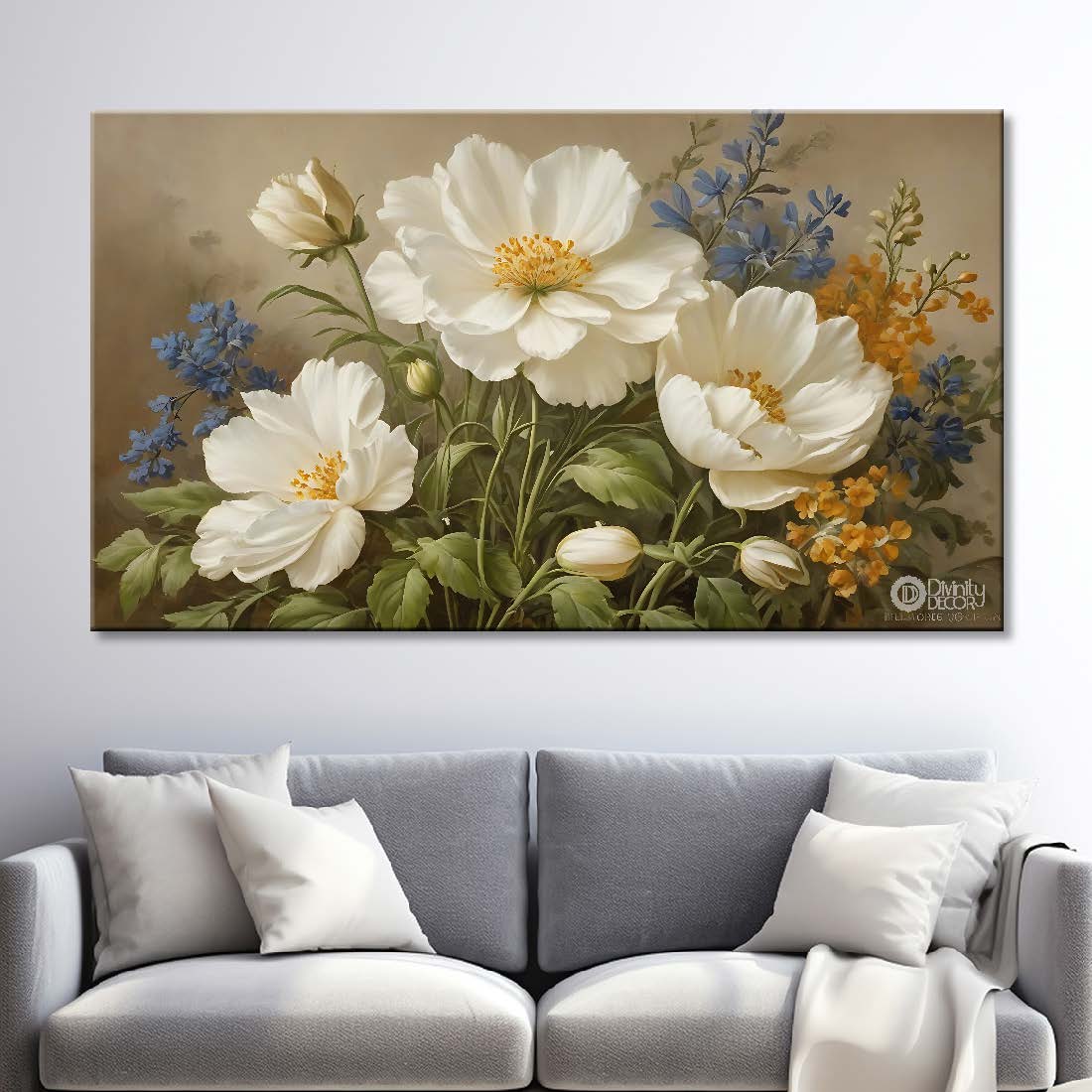 White flowers in light brown background canvas painting- Flower-836