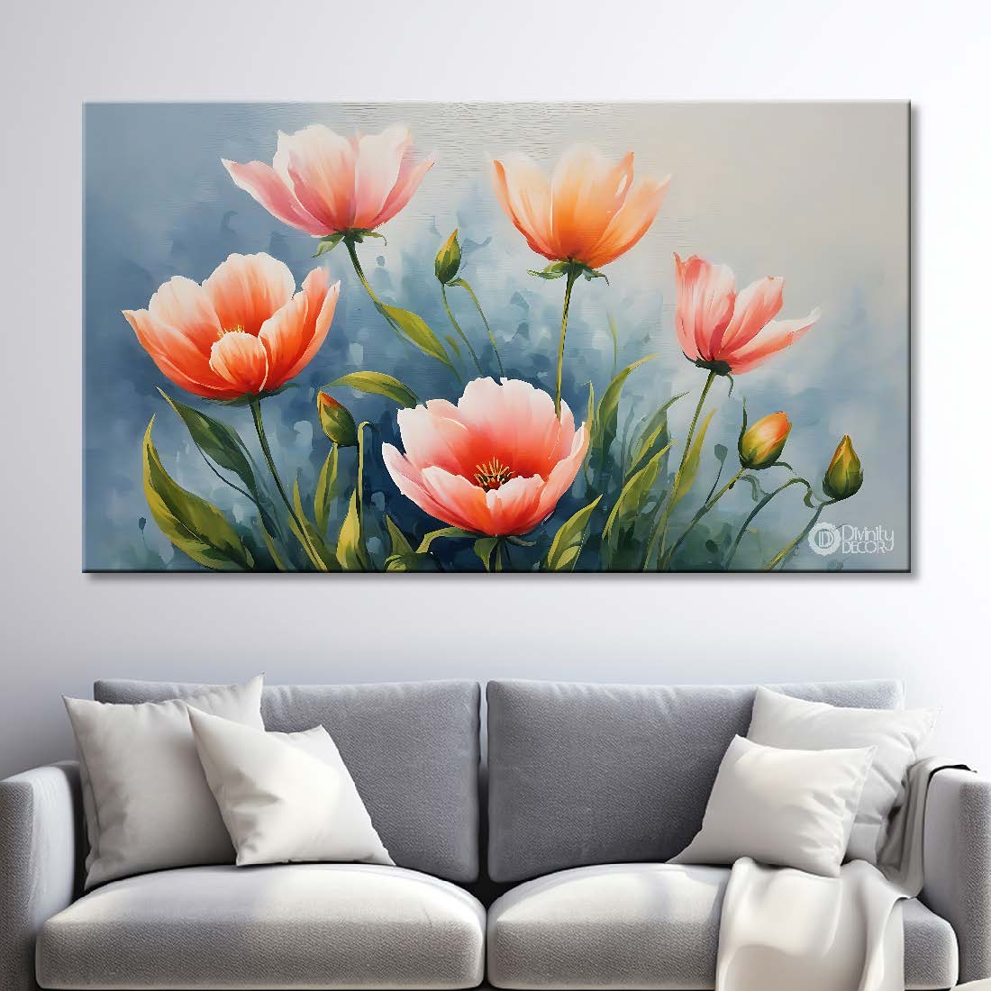 Pink flowers in light blue background canvas painting- Flower-837