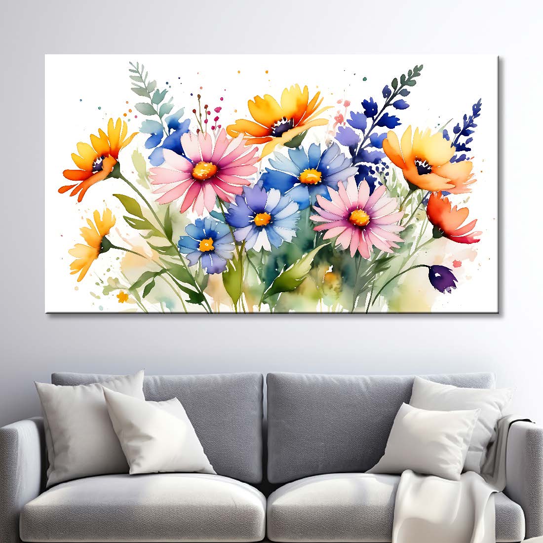 Colorful flowers in white background canvas painting- Flower-839