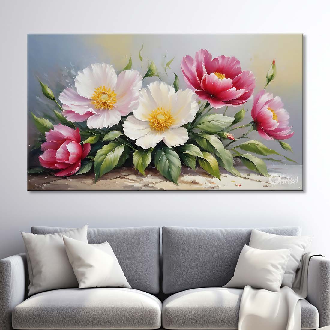 White and pink flowers in grey background canvas painting- Flower-840