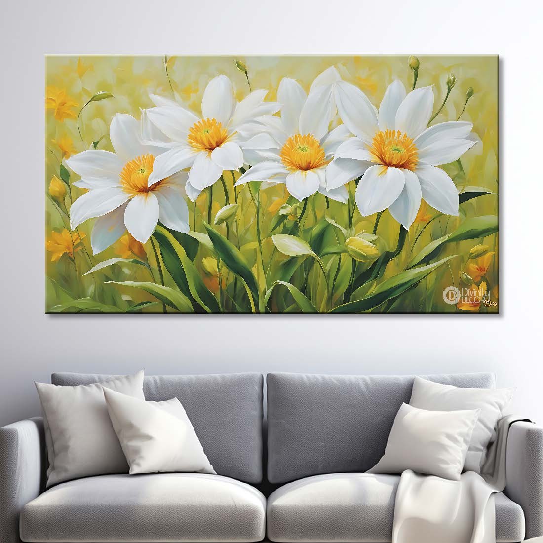 White flowers in light green background canvas painting- Flower-841