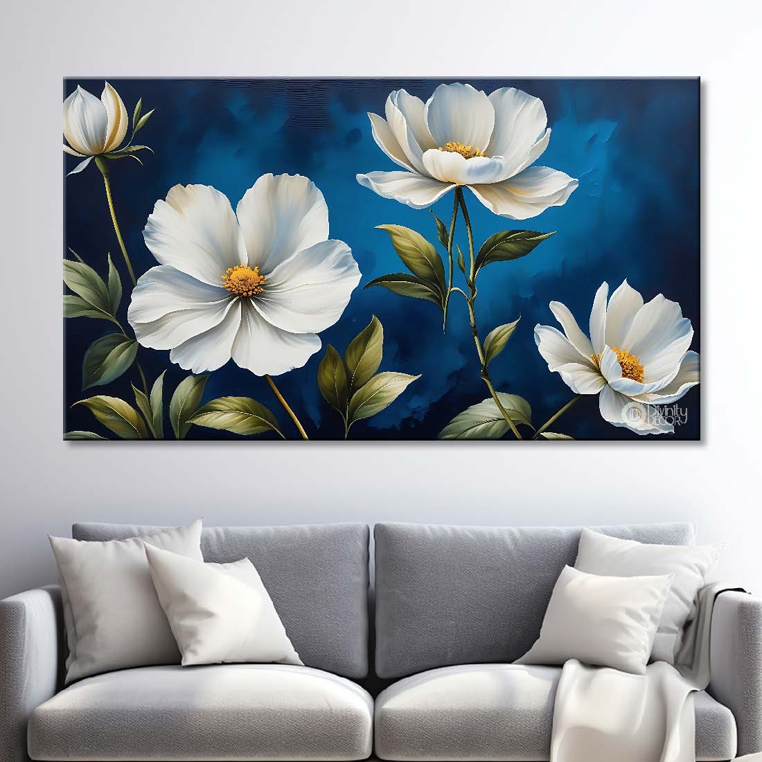 White flowers in navy blue background canvas painting- Flower-842