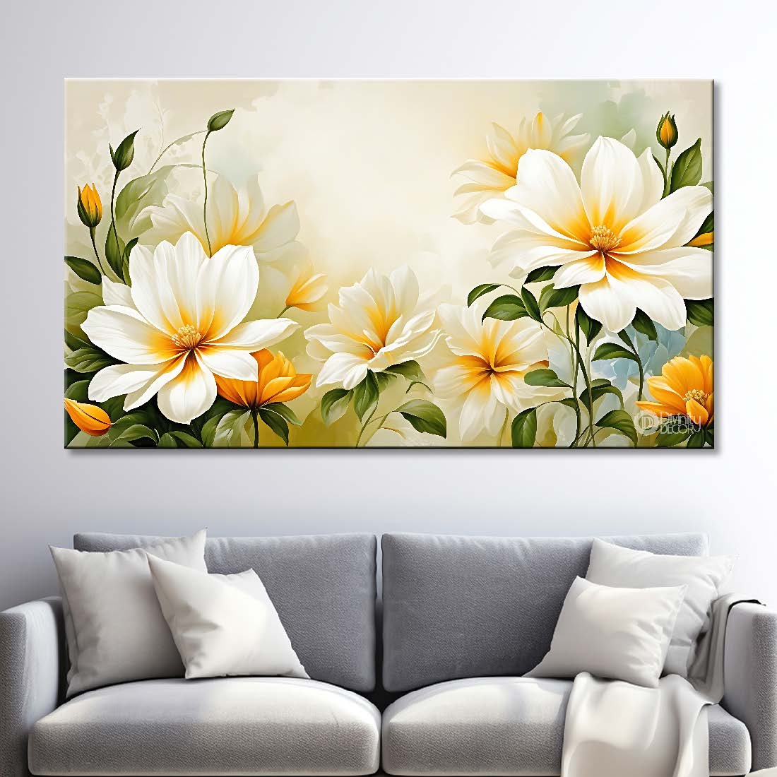 Colorful flowers in white background canvas painting- Flower-843