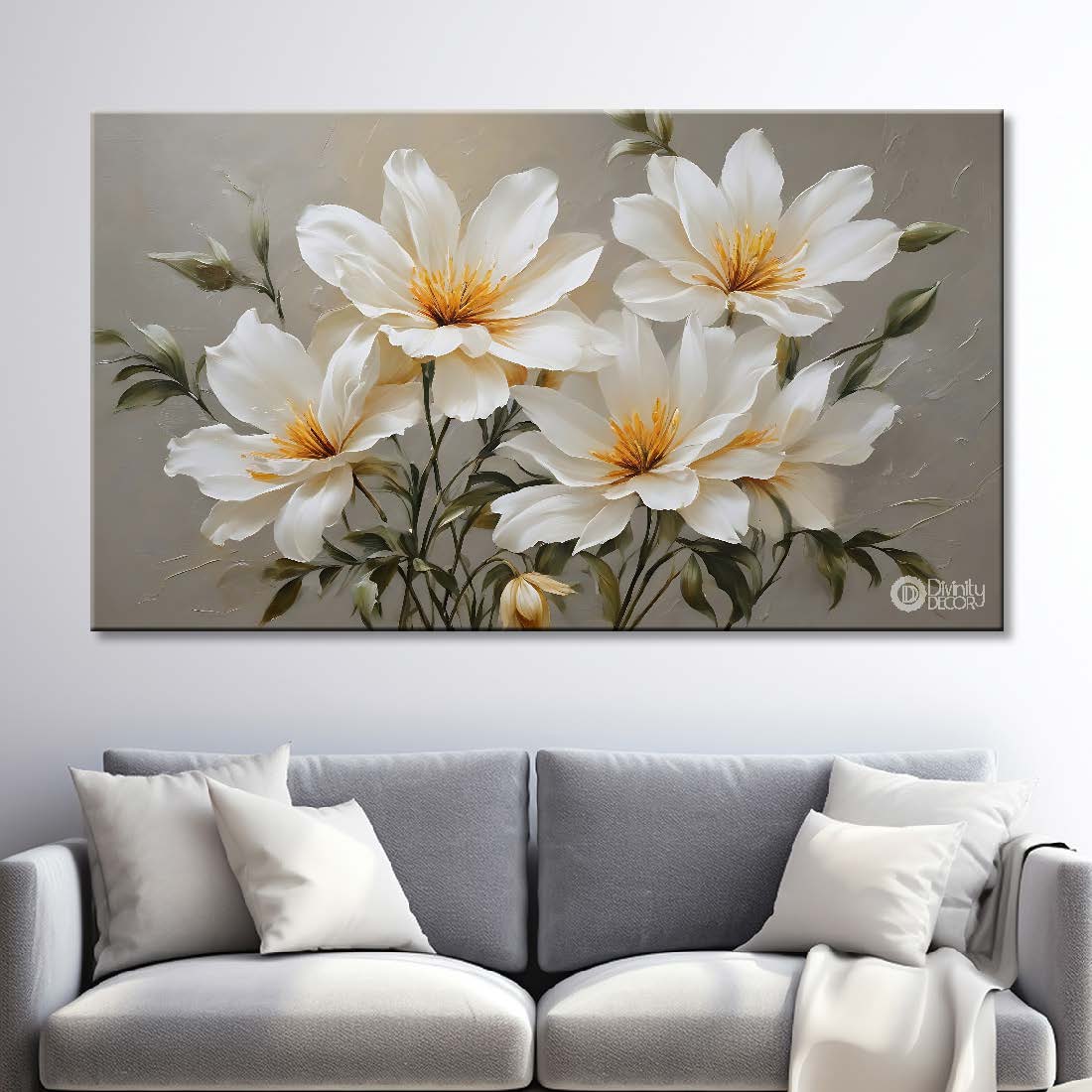 White flowers in grey background canvas painting- Flower-844