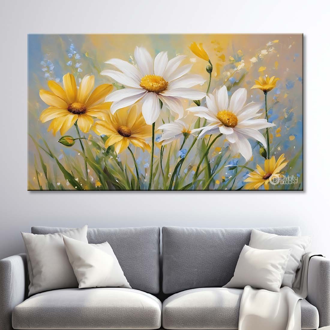 White and yellow flowers in grey background canvas painting- Flower-845