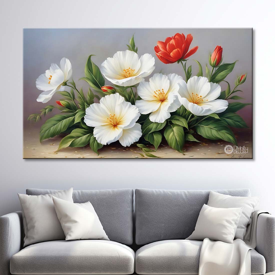 White and red flowers in grey background canvas painting- Flower-846
