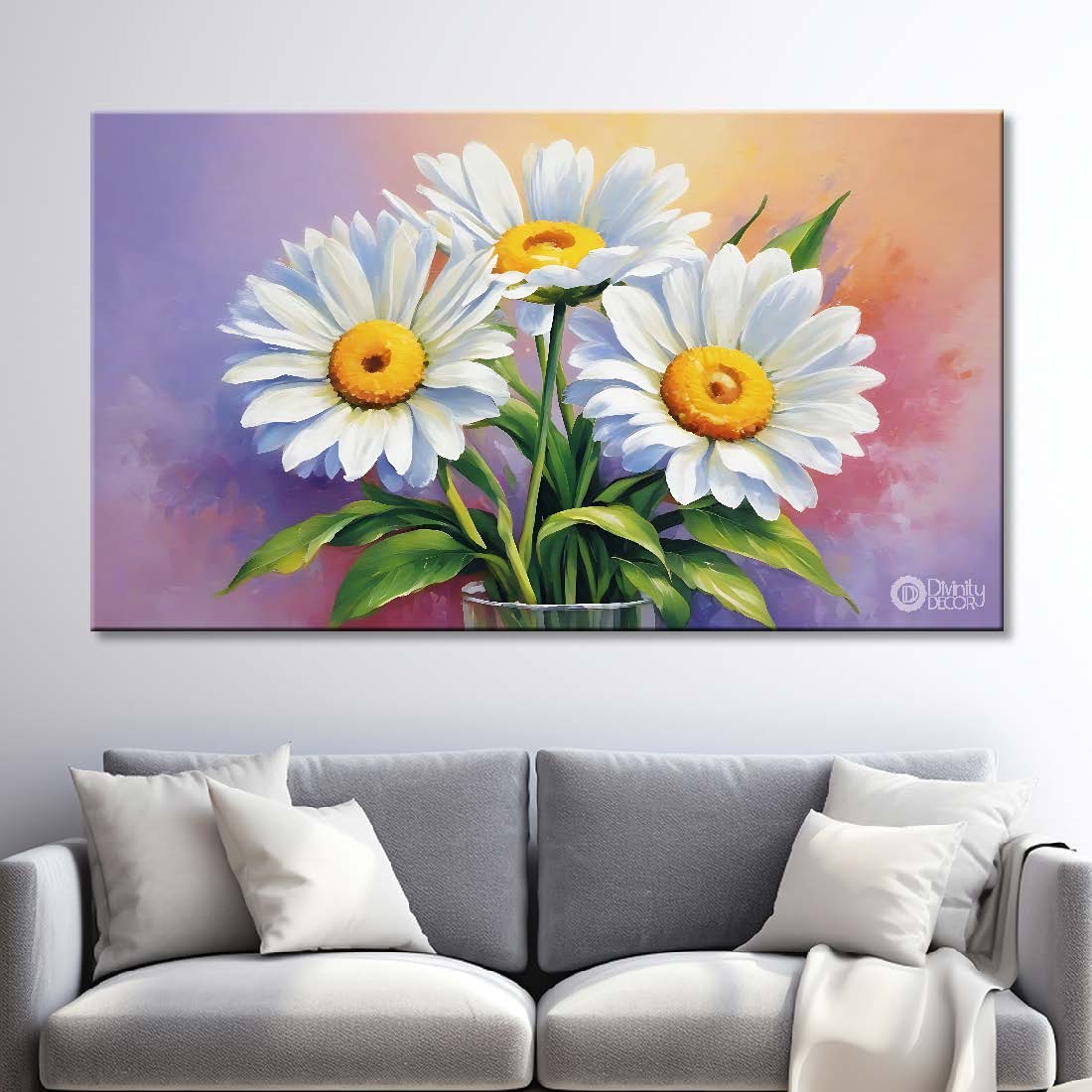 White flowers in pink background canvas painting- Flower-847