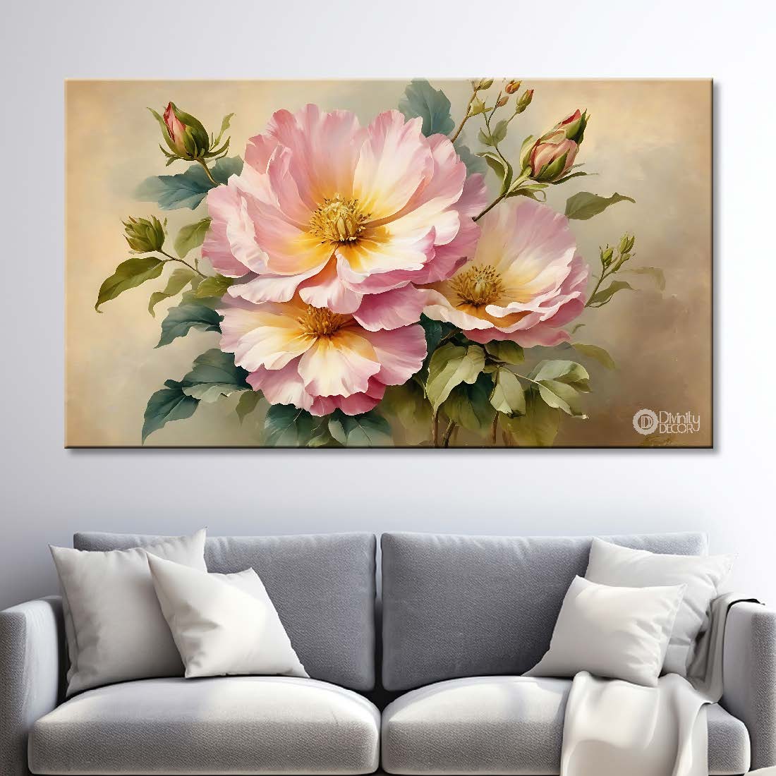 Pink flowers in light brown background canvas painting- Flower-848
