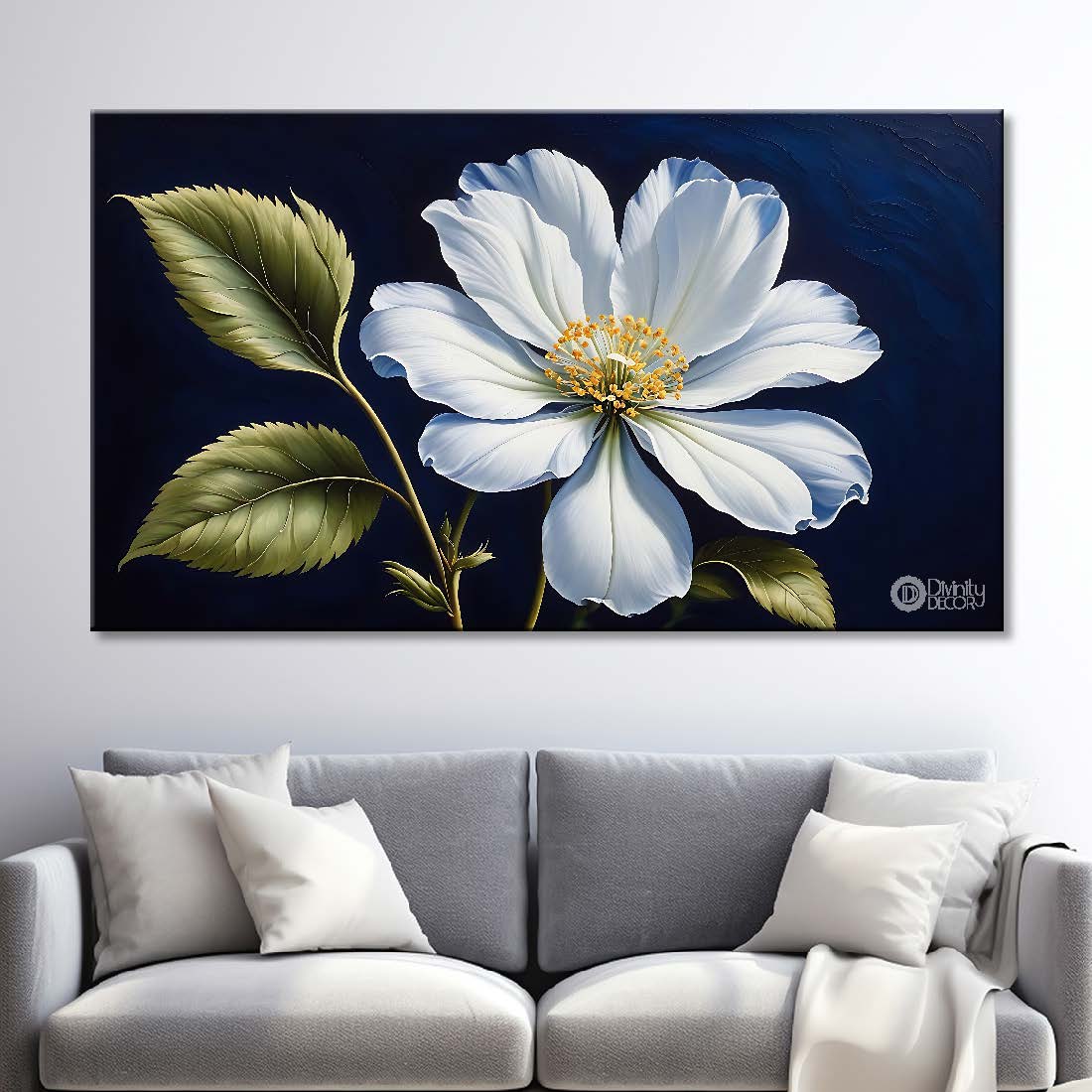 White flower in navy blue background canvas painting- Flower-849