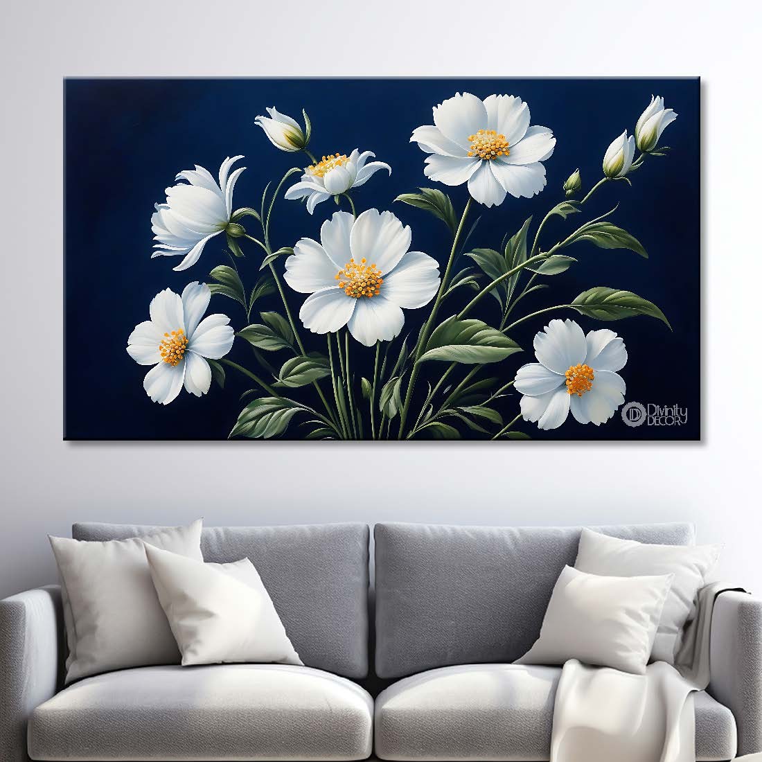 White flowers in navy blue background canvas painting- Flower-850