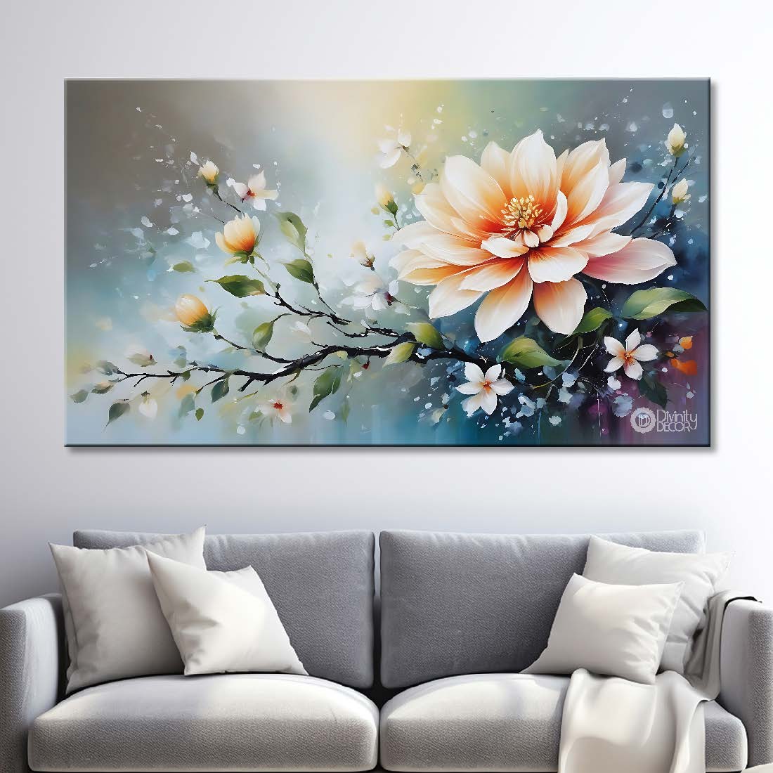 White flowers in sky blue background canvas painting- Flower-851