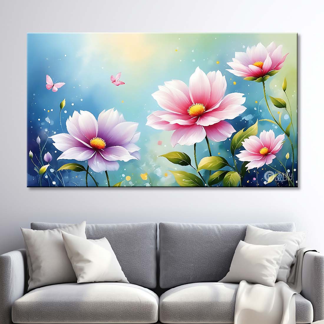 Pink flowers in light blue background canvas painting- Flower-852