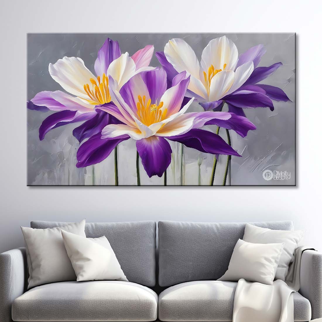 Purple flowers in grey background canvas painting- Flower-853
