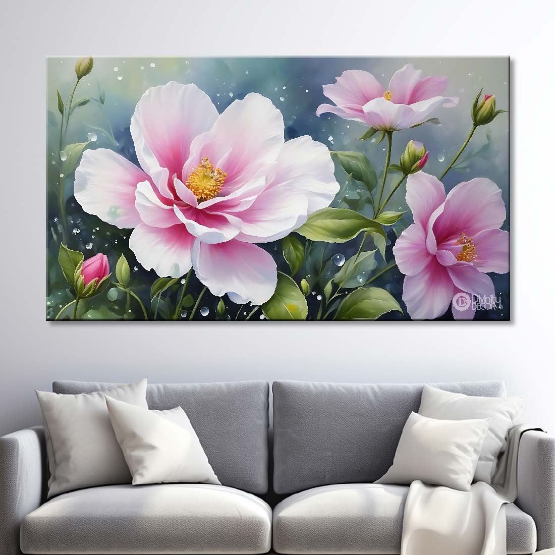 Pink flowers in light blue background canvas painting- Flower-854