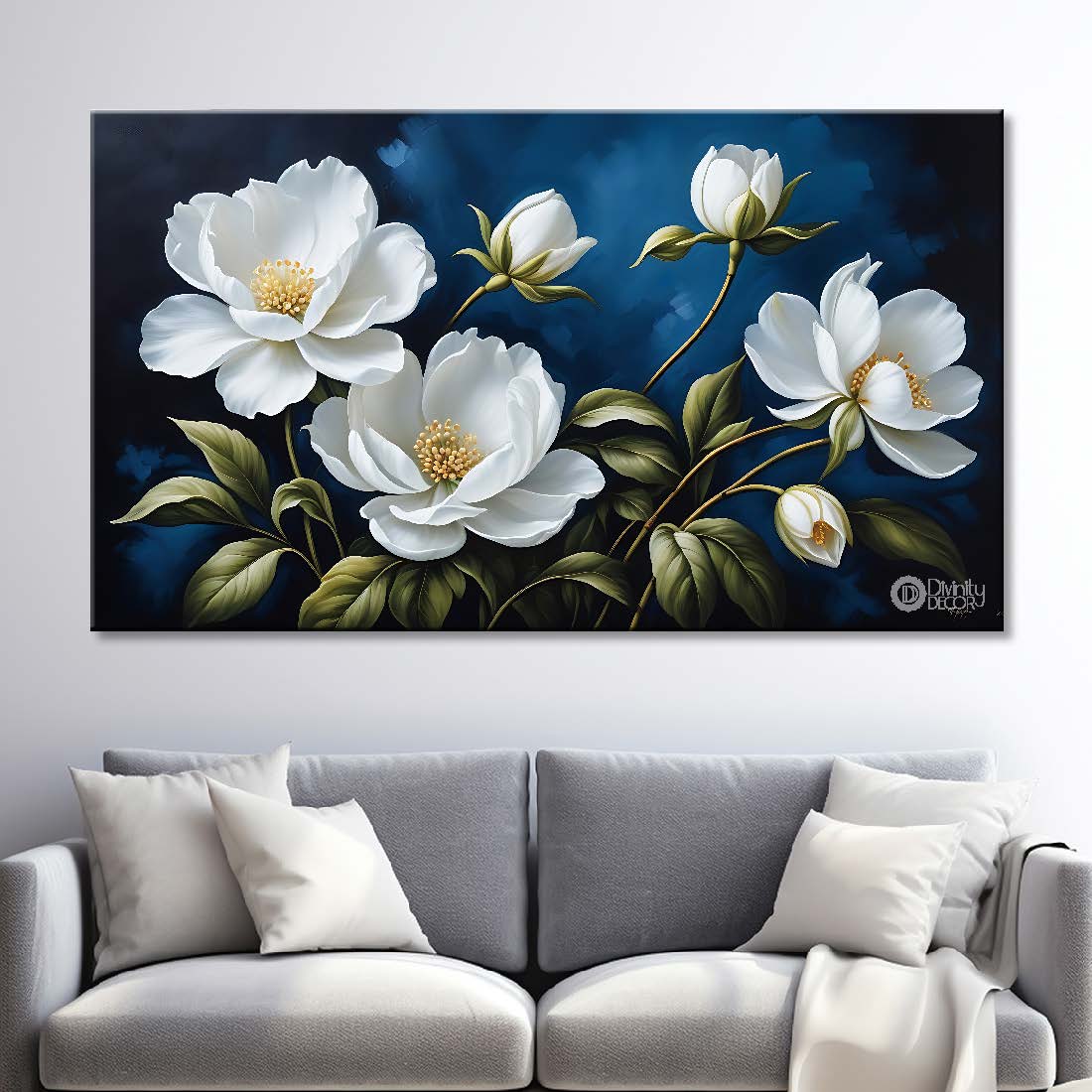 White flowers in navy blue background canvas painting- Flower-856