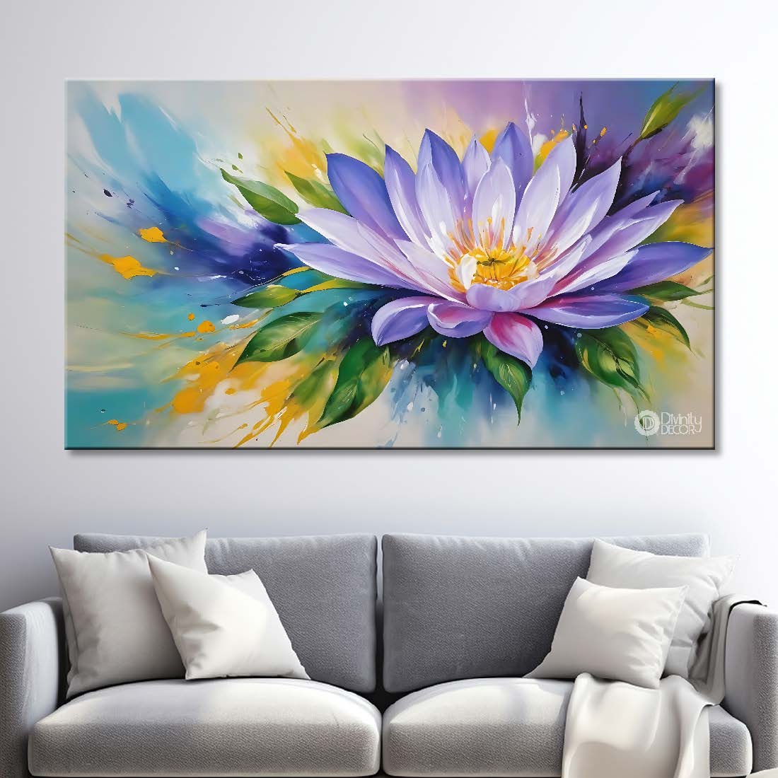 Purple flowers in yellow and blue background canvas painting- Flower-857