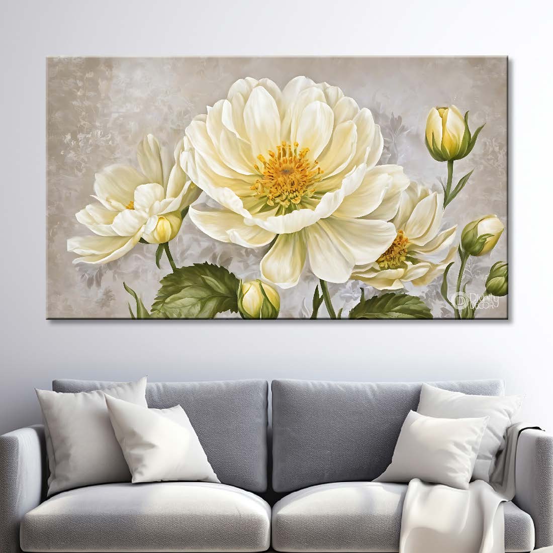 White flowers in grey background canvas painting- Flower-858