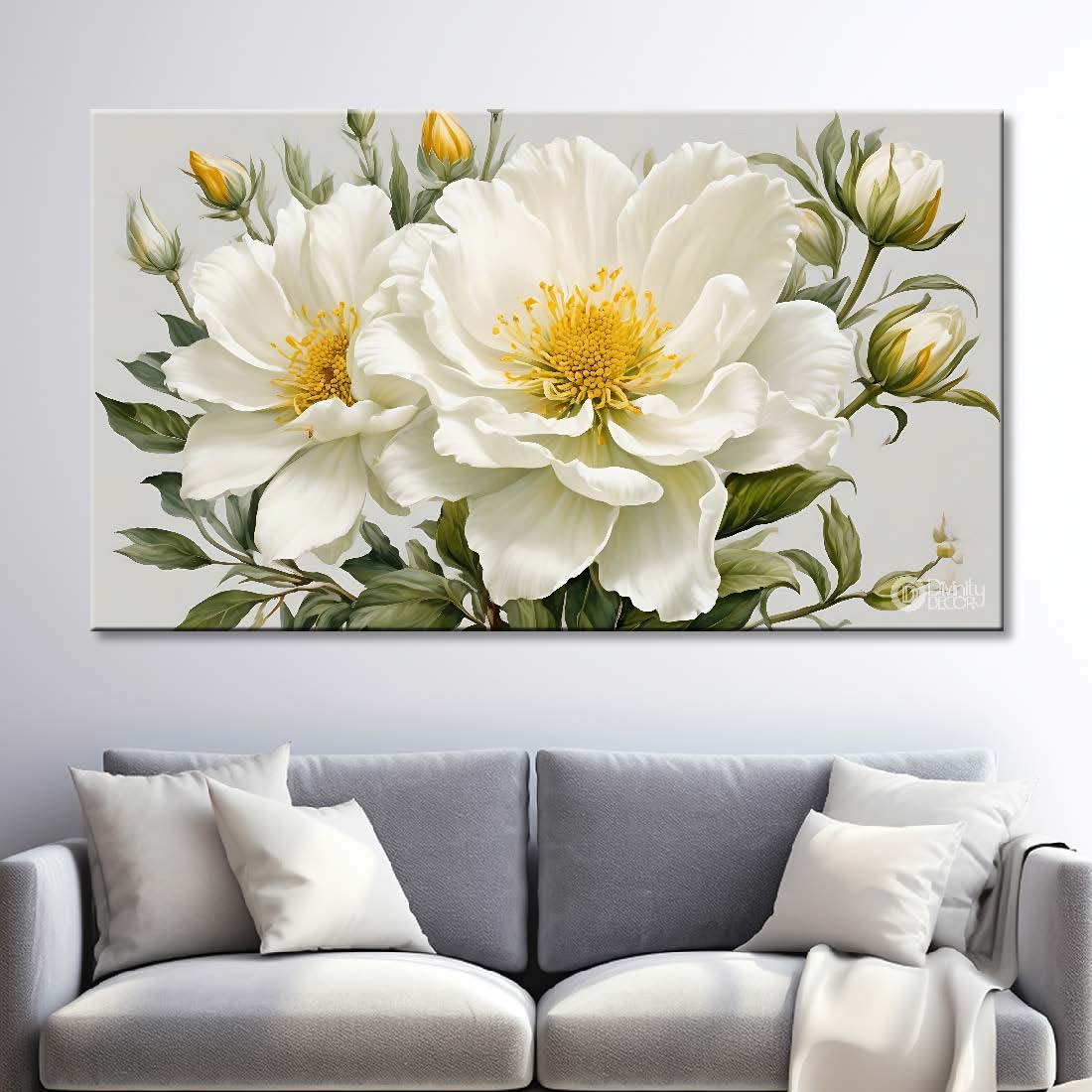 White flowers in grey background canvas painting- Flower-859