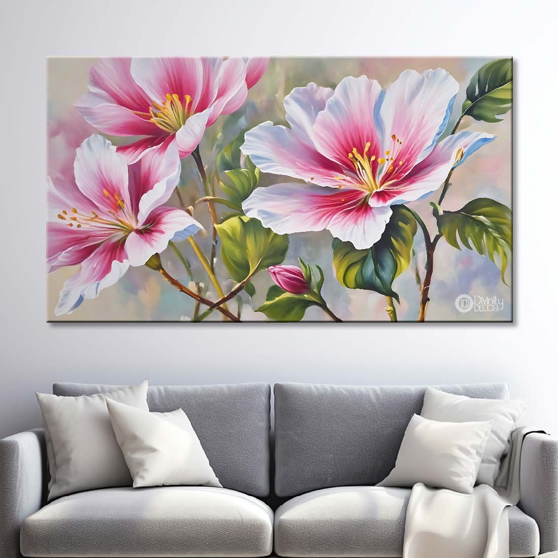 Pink flowers in grey background canvas painting- Flower-860