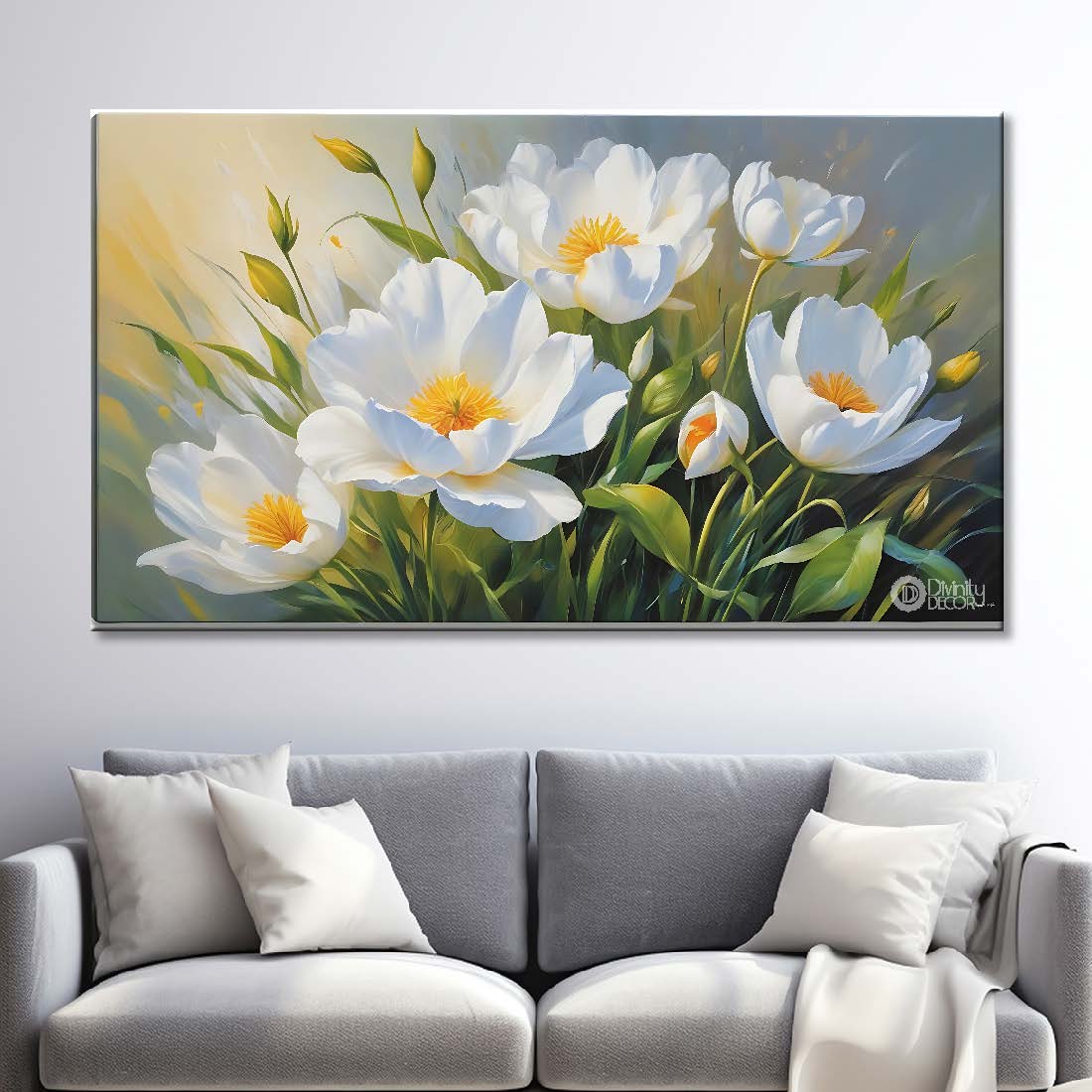 White flowers in grey background canvas painting- Flower-861
