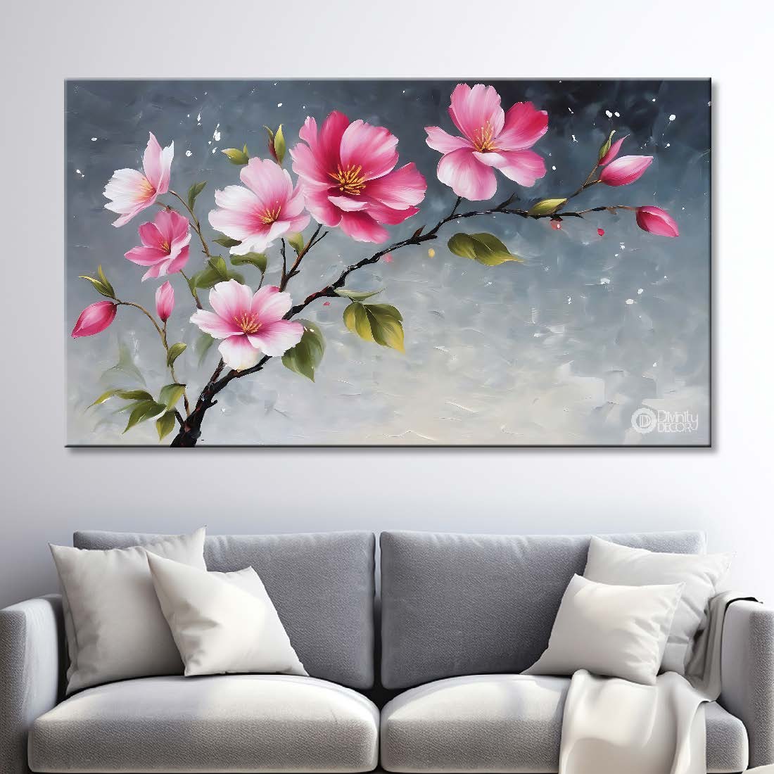Pink flowers in grey background canvas painting- Flower-862