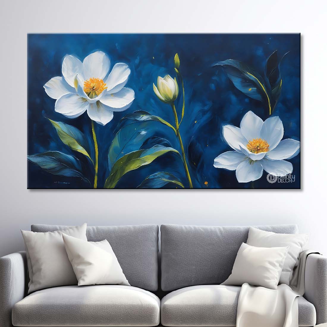 White flowers in navy blue background canvas painting- Flower-863