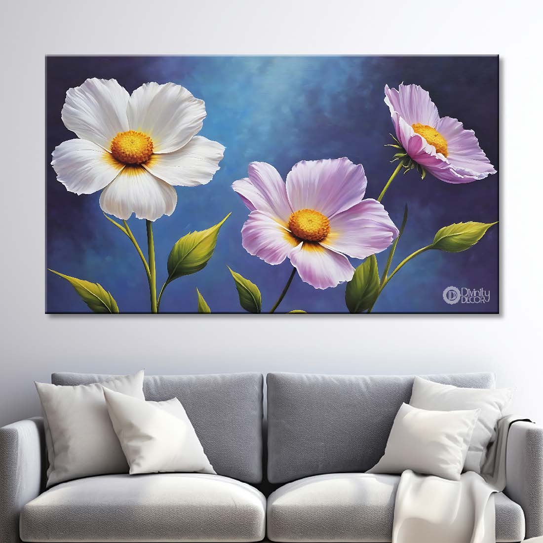 White and pink flowers in blue background canvas painting- Flower-864