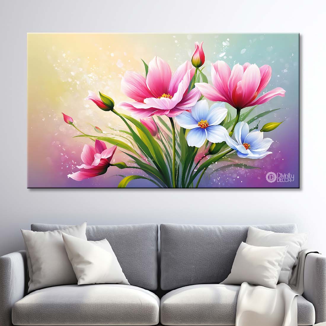 Pink flowers in colorful background canvas painting- Flower-865
