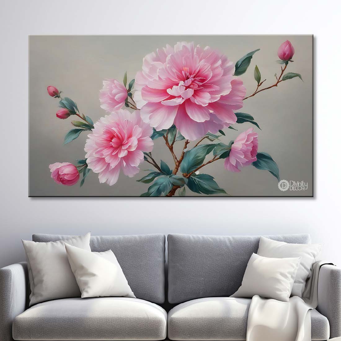 Pink flowers in grey background canvas painting- Flower-869