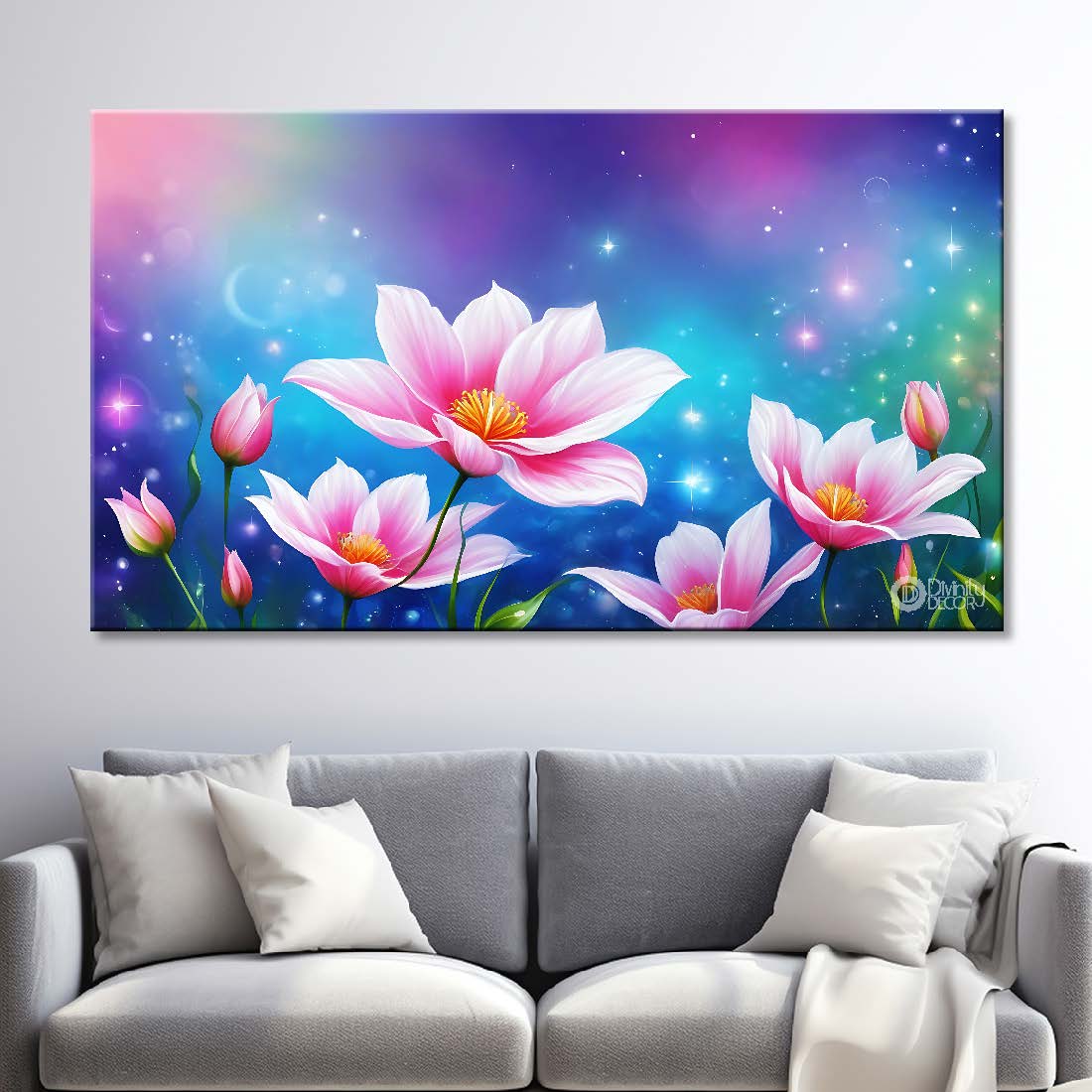 pink flowers in colorful background canvas painting- Flower-871