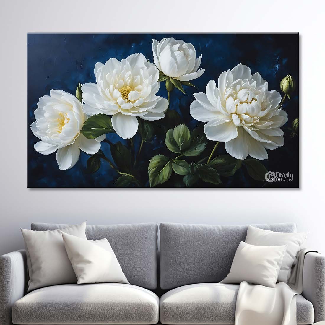 White flowers in navy blue background canvas painting- Flower-872