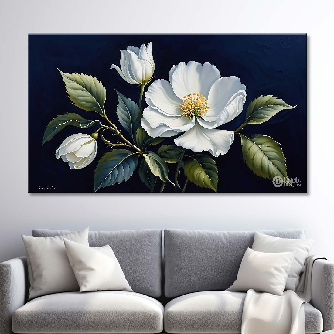 White flowers in navy blue background canvas painting- Flower-873