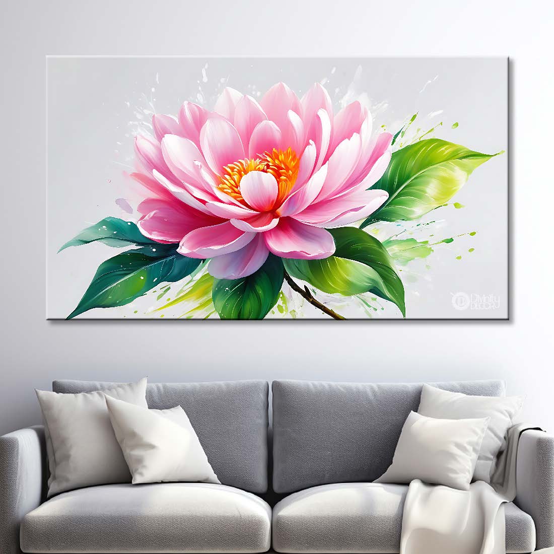 Pink flowers in grey background canvas painting- Flower-875