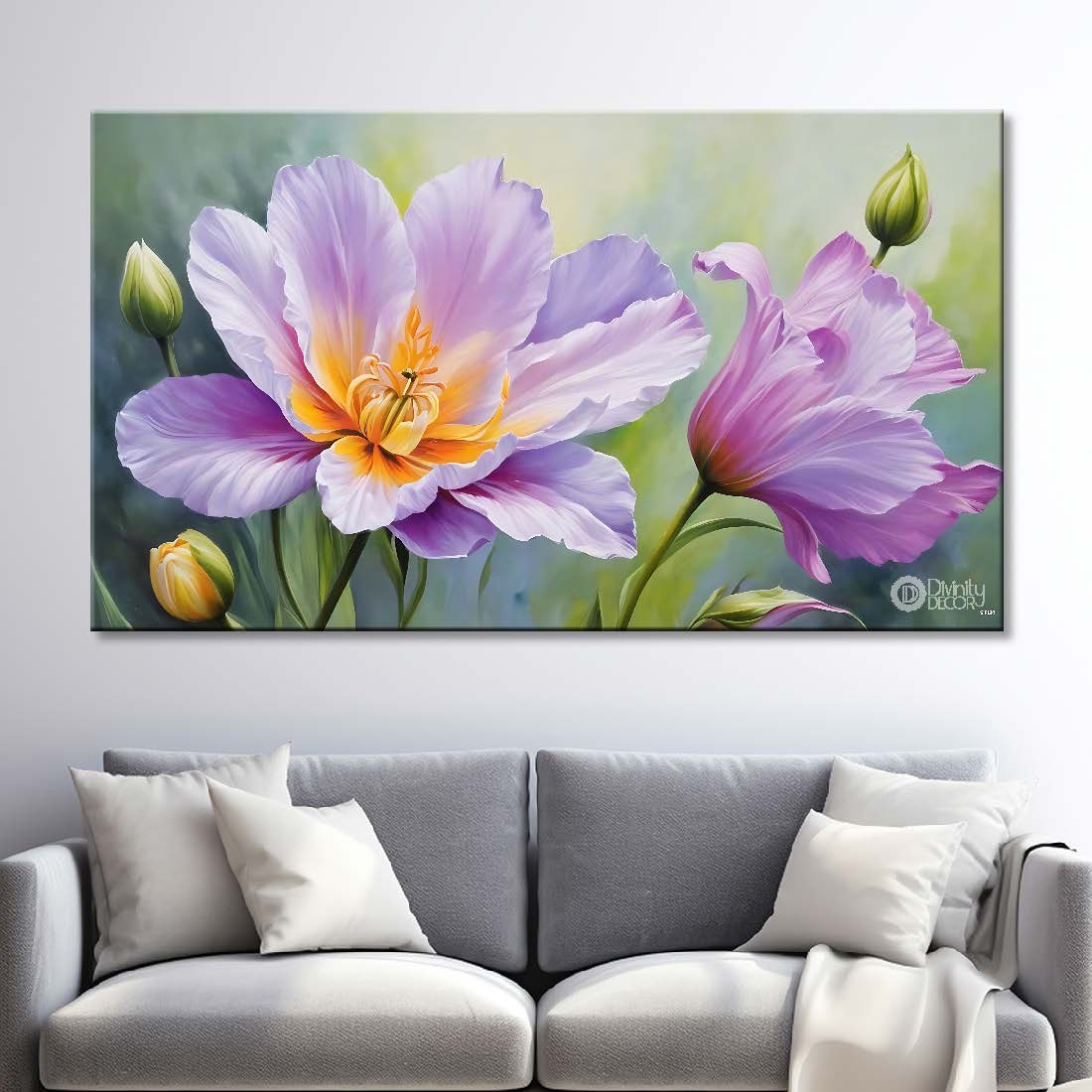 Purple flowers in grey background canvas painting- Flower-877