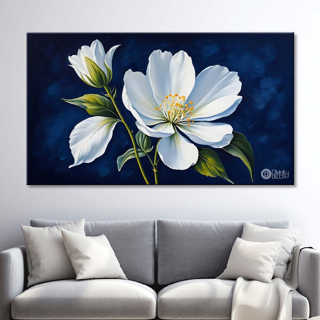 White flowers in navy blue background canvas painting- Flower-878