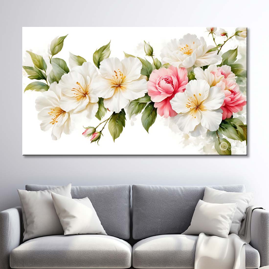 White flowers in white background canvas painting- Flower-879