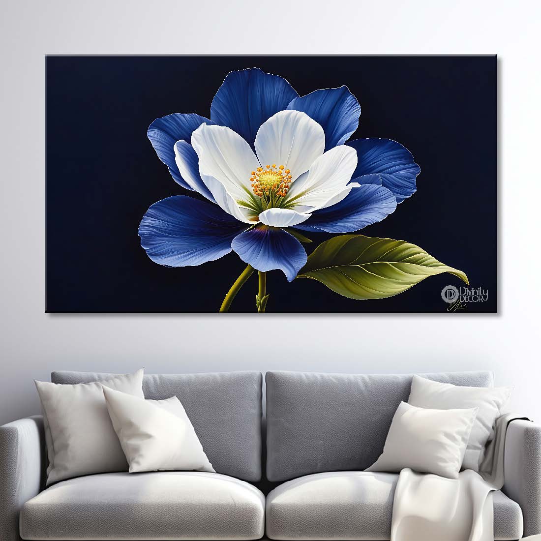 White flower in navy blue background canvas painting- Flower-881
