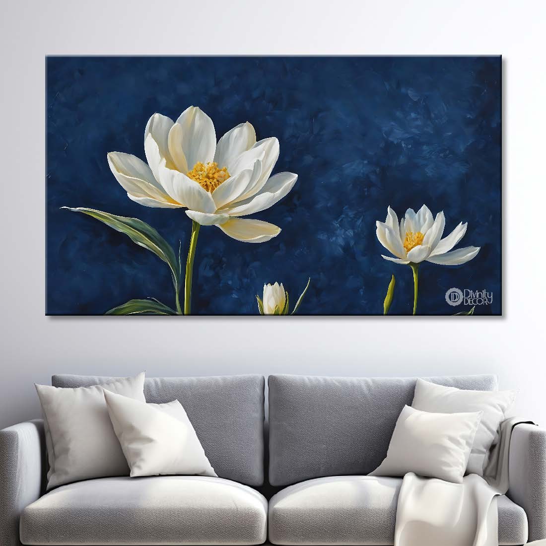 White flowers in navy blue background canvas painting- Flower-883
