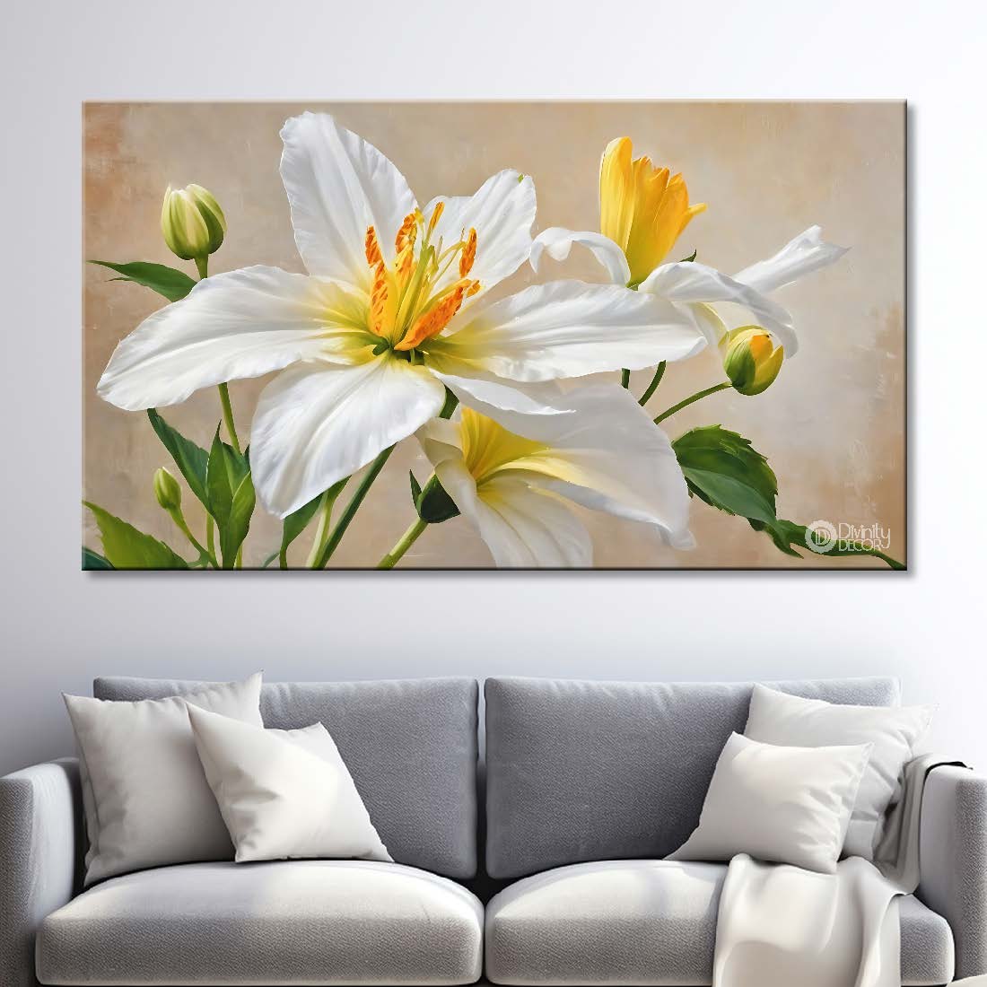 White flowers in light background canvas painting- Flower-884