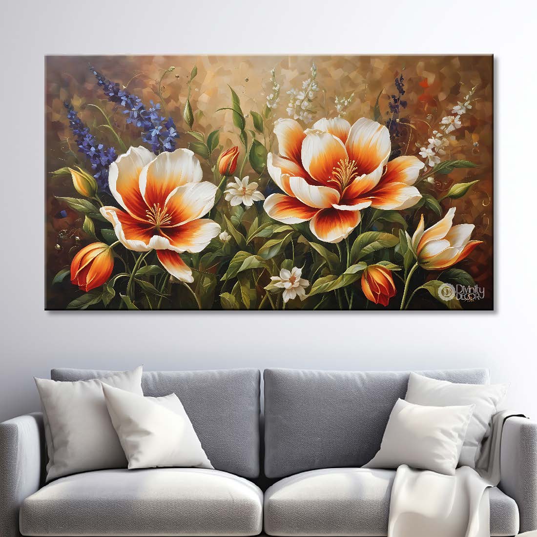 Orange flowers in light brown background canvas painting- Flower-885