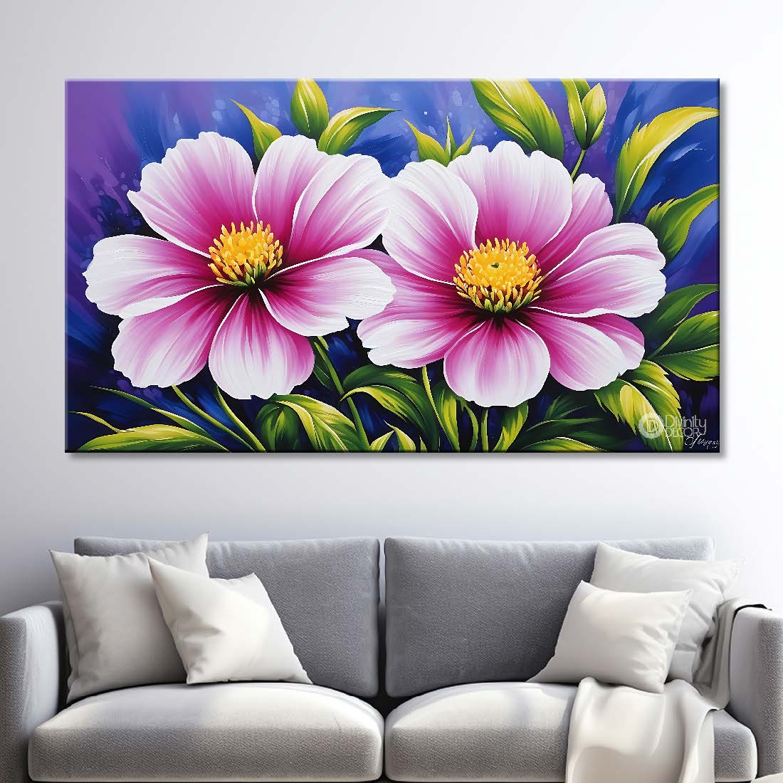 Pink flowers in navy blue background canvas painting- Flower-886