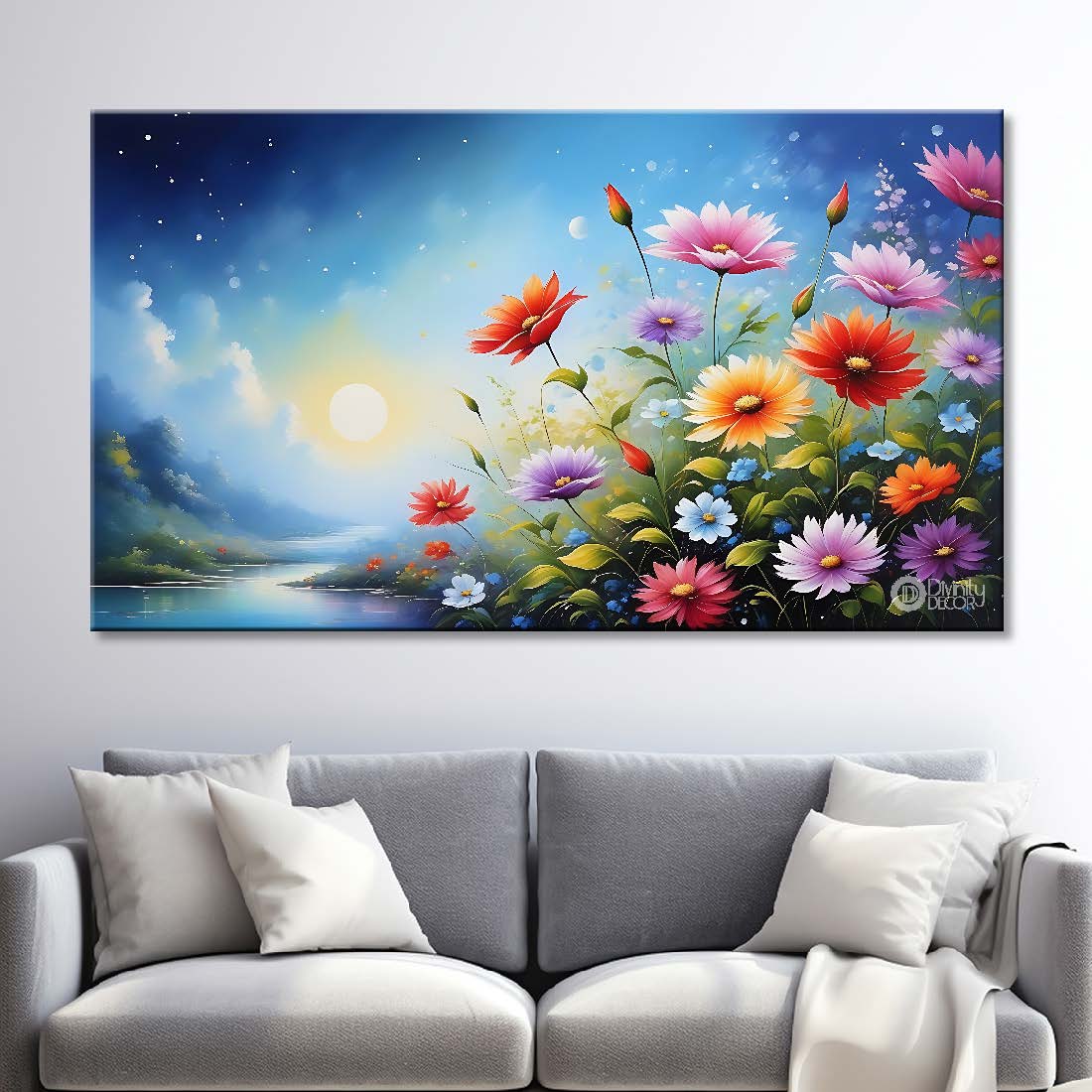Colorful flowers in blue background canvas painting- Flower-889