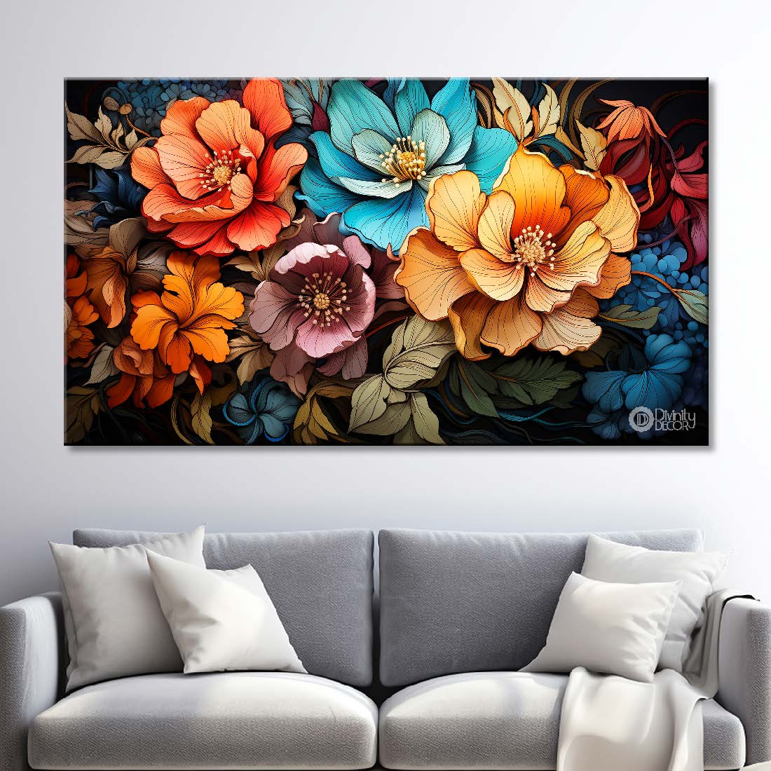 Colorful flowers in black background canvas painting- Flower-890